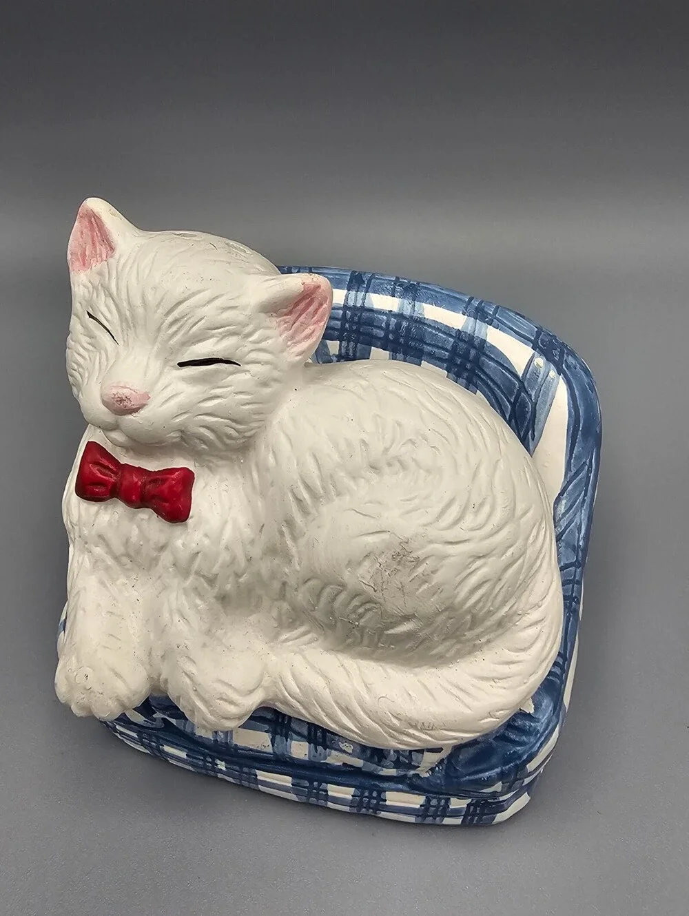 Vintage Ceramic Cat on Blue Plaid Chair Salt and Pepper Shaker Set