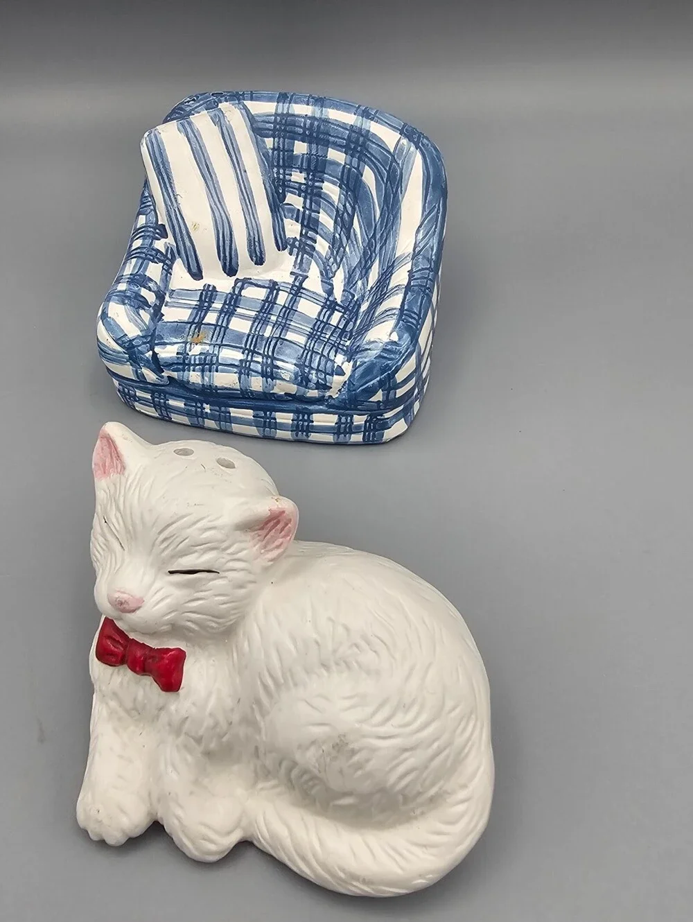 Vintage Ceramic Cat on Blue Plaid Chair Salt and Pepper Shaker Set