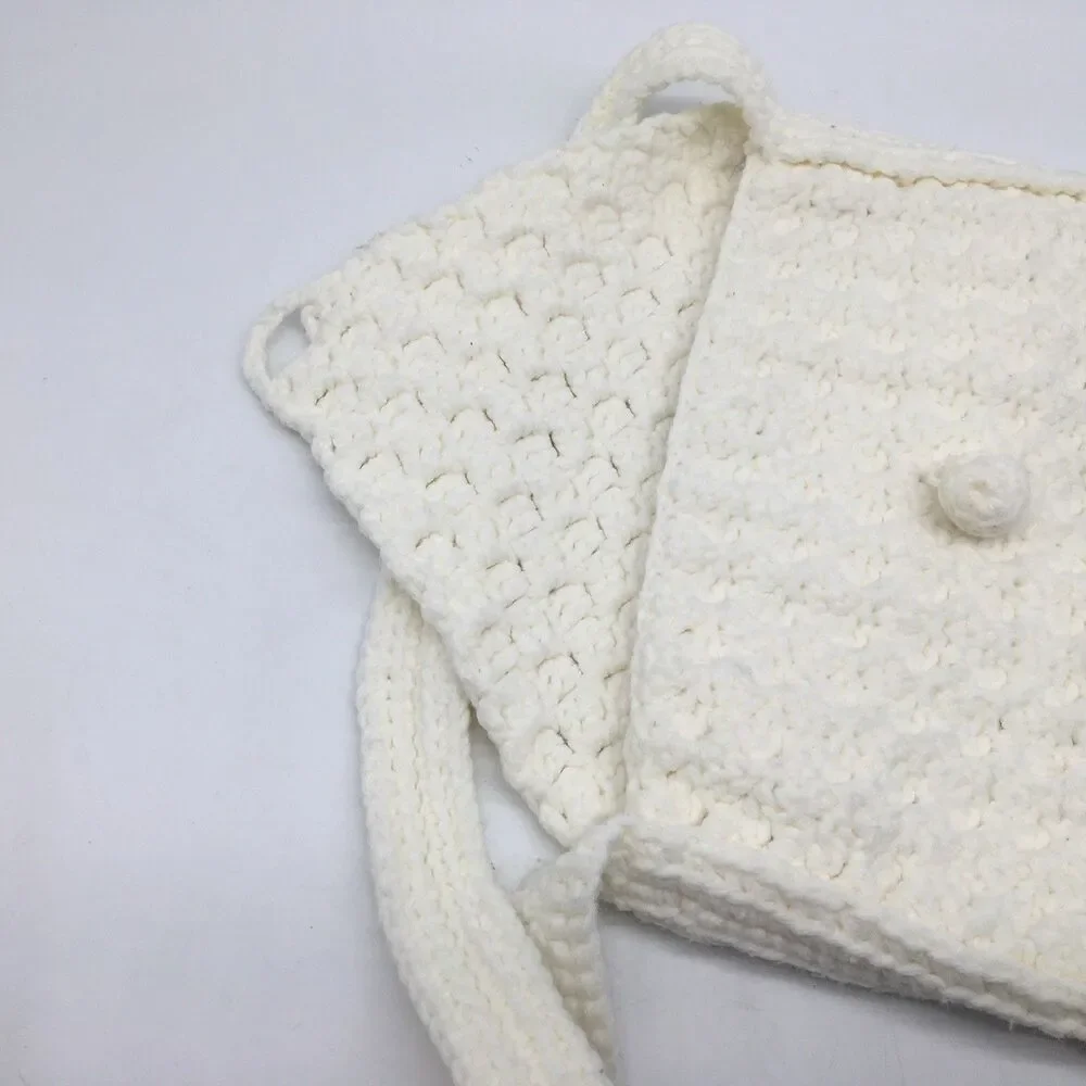 VTG Handmade Crochet  Shoulder Bag Boho Knit Purse Creamy White Lined Festival