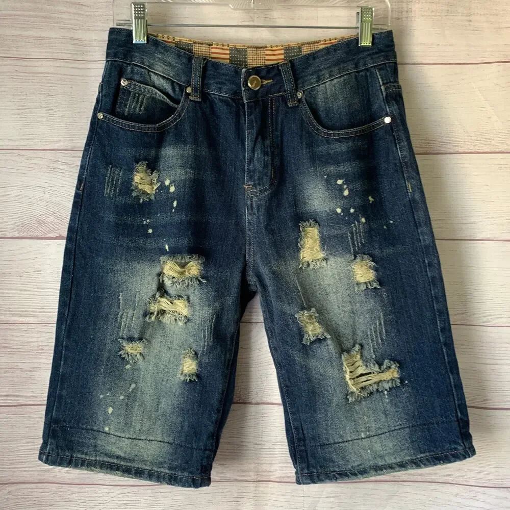 Qimu Fashion Mens Distressed Denim Jean Shorts Paint Splatter Size 30