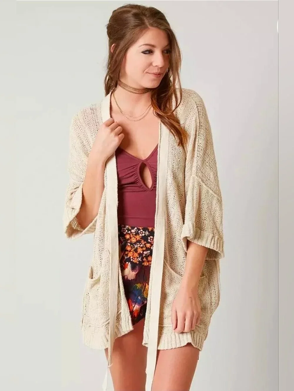 Free People Oversized Beach House Brunch Open Knit Tie Front Cardigan Sweater