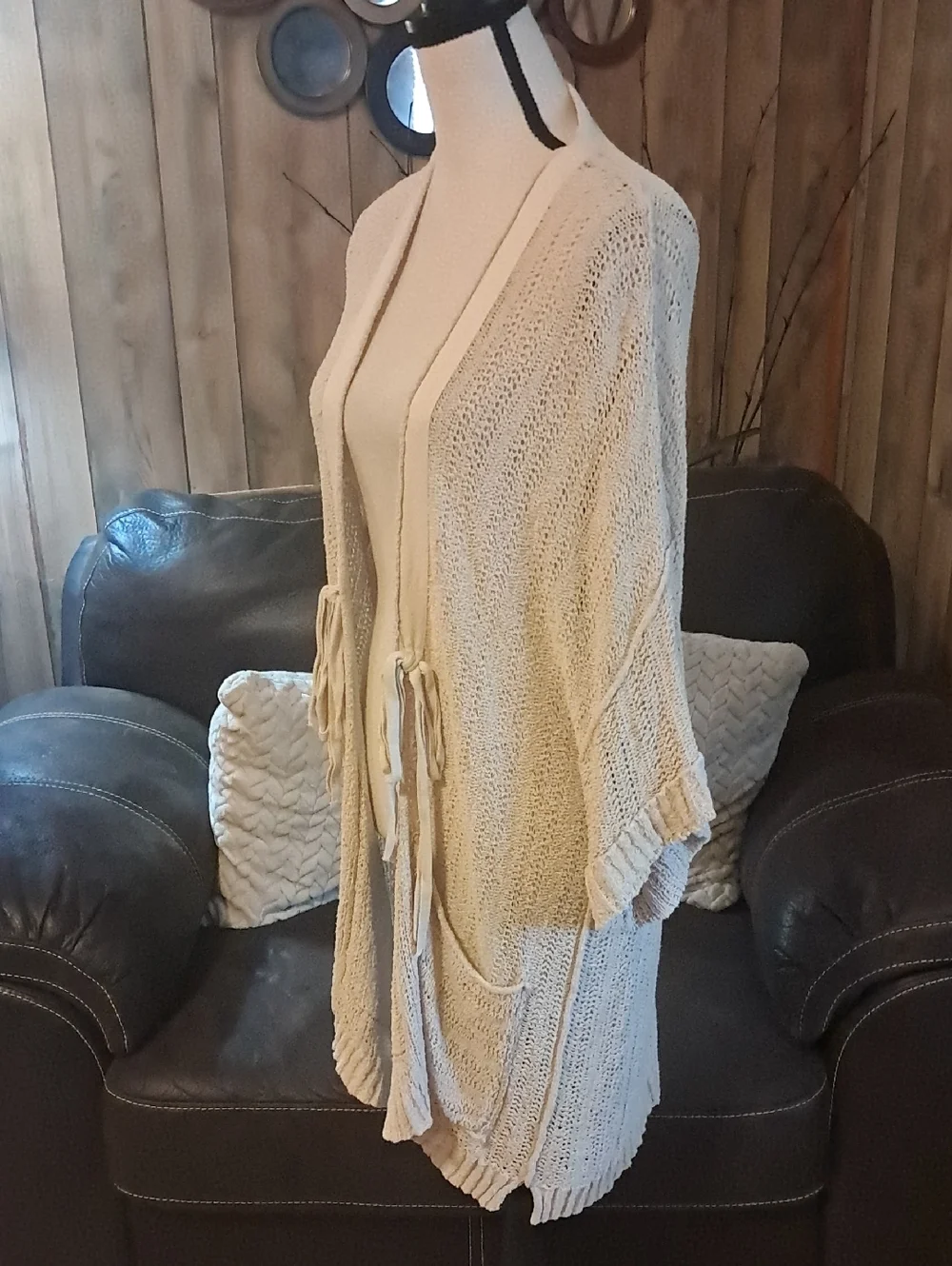 Free People Oversized Beach House Brunch Open Knit Tie Front Cardigan Sweater