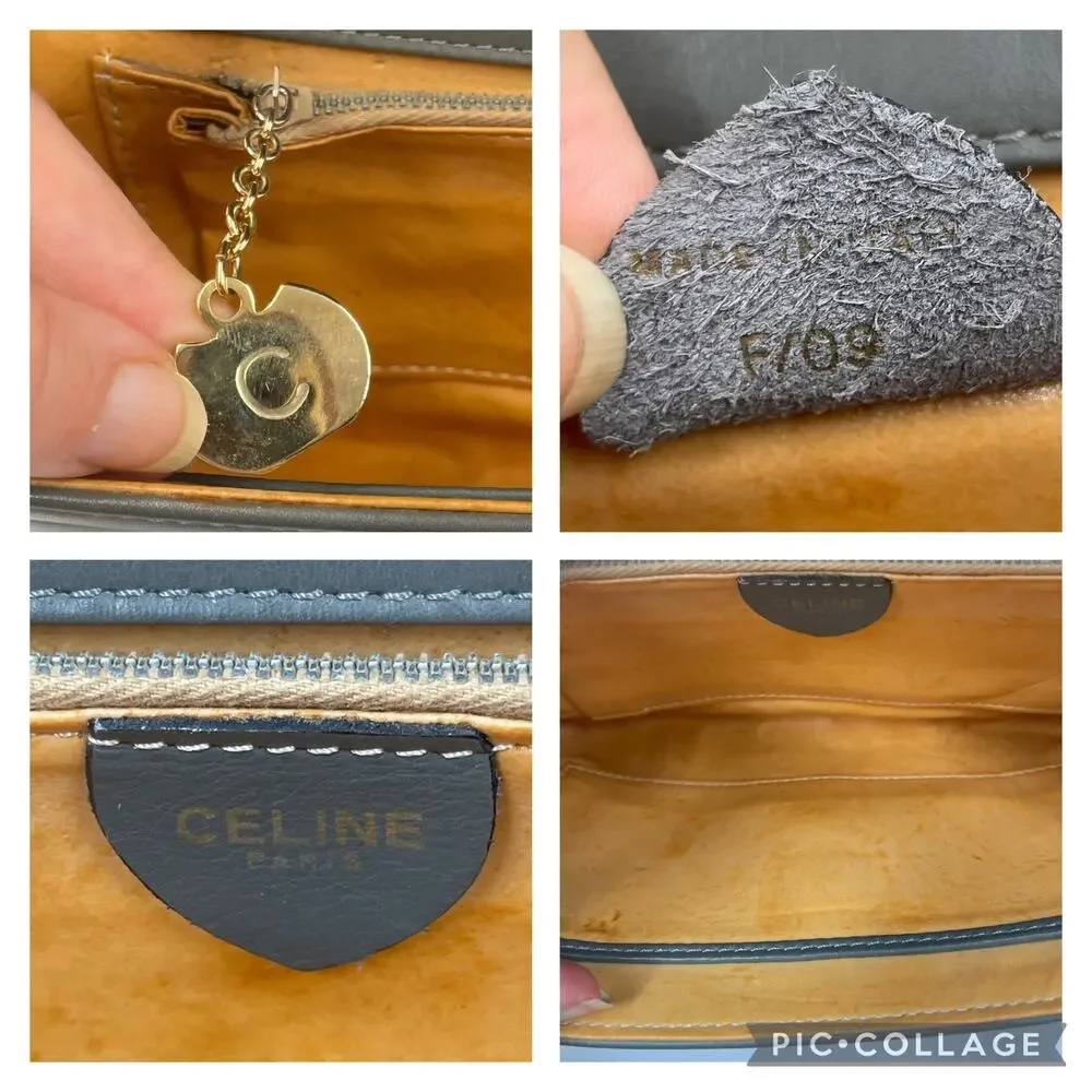 Celine Vintage Gray Leather Crossbody Bag Purse WOC Wallet on Chain Mini Clutch