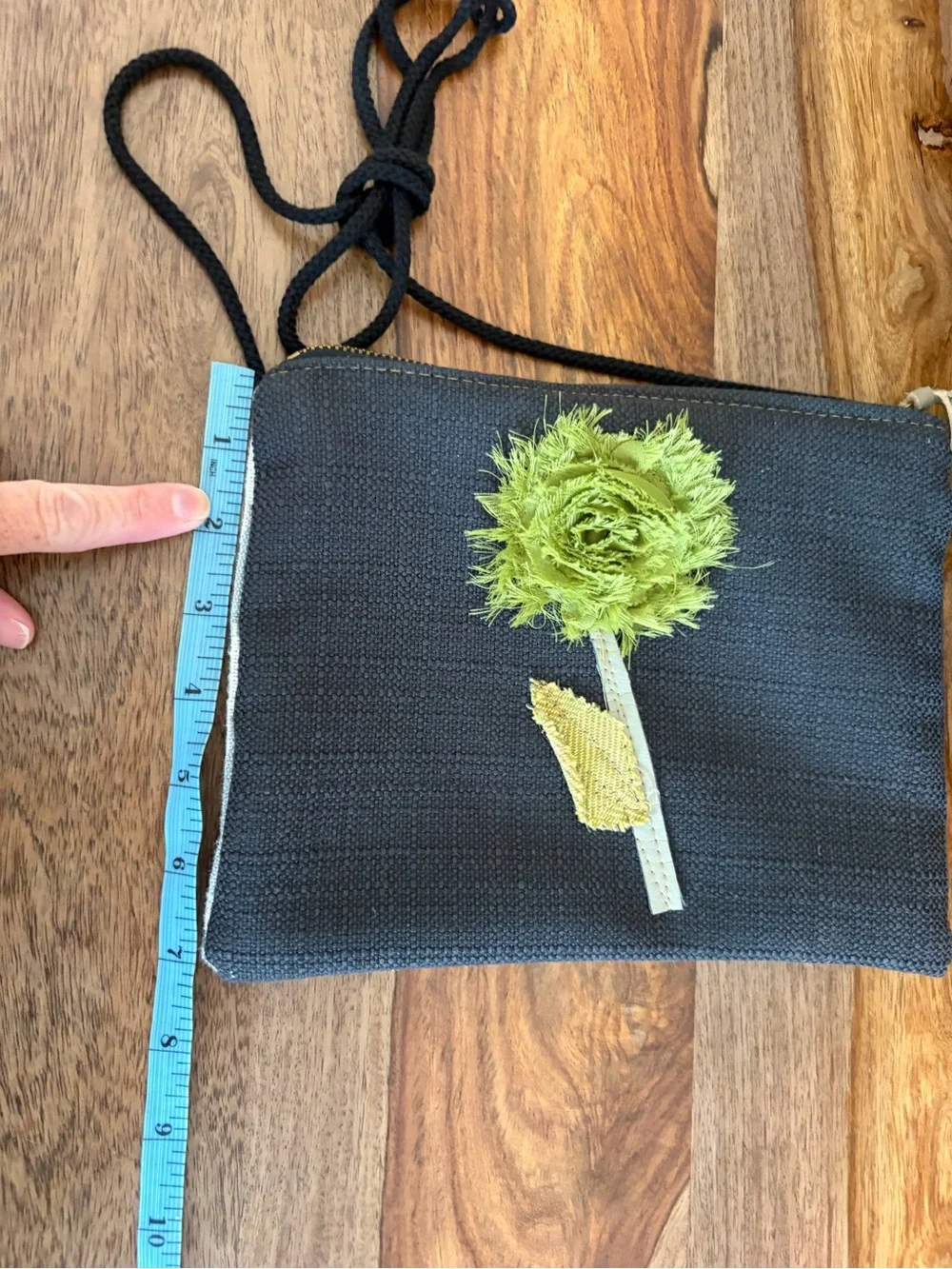 Black Crossbody Bag with Green Floral Applique