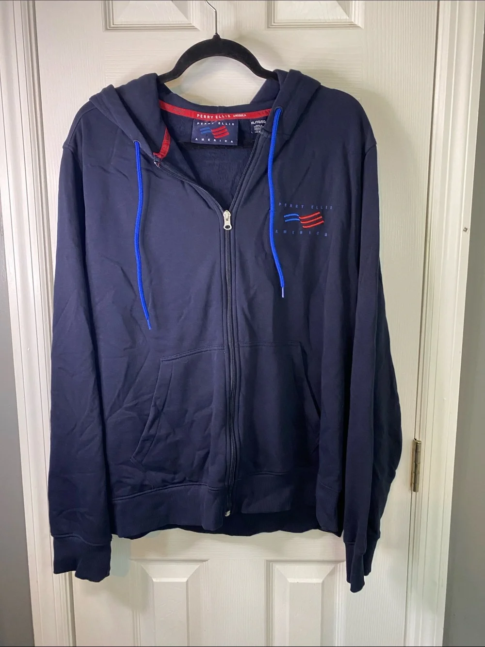 Navy Perry Ellis Portfolio Zip-Up Hoodie with Blue Drawstrings Men’s Jacket.