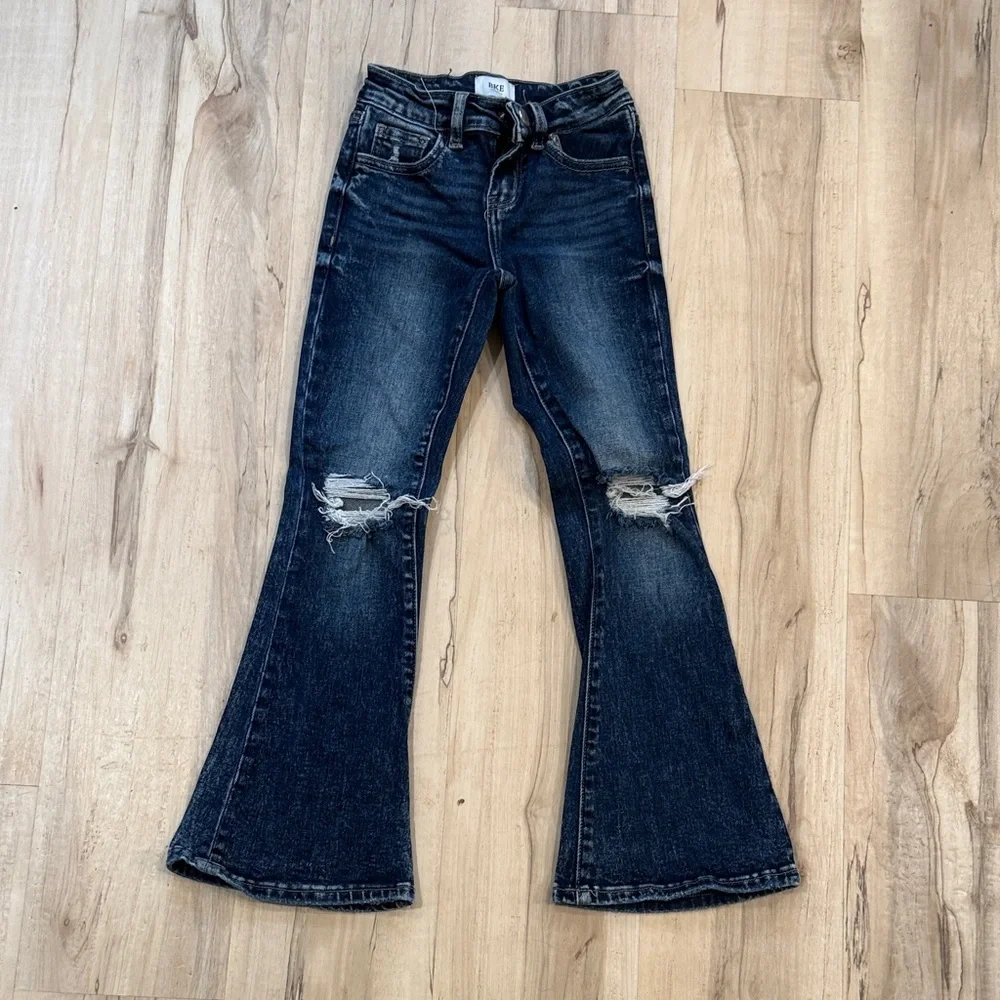 BKE Girls-Dark Wash Flare Jeans with Knee Rips