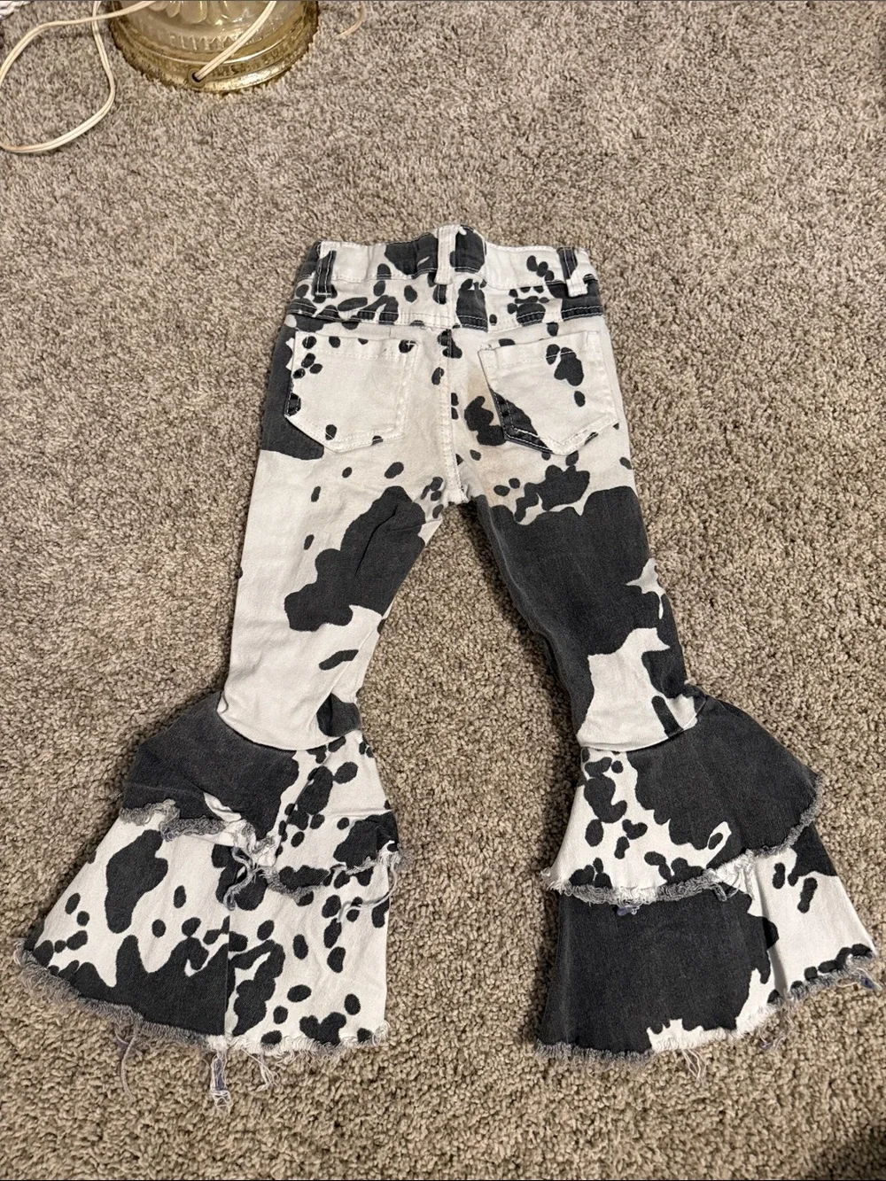 Cow Print Ruffle Flare Kids Pants - Black & White