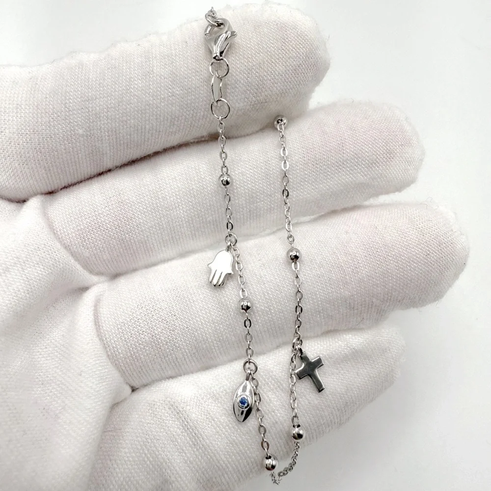 6.75” Dainty .925 Sterling Silver Dangle Eye, Cross and Hamsa Charm Bracelet