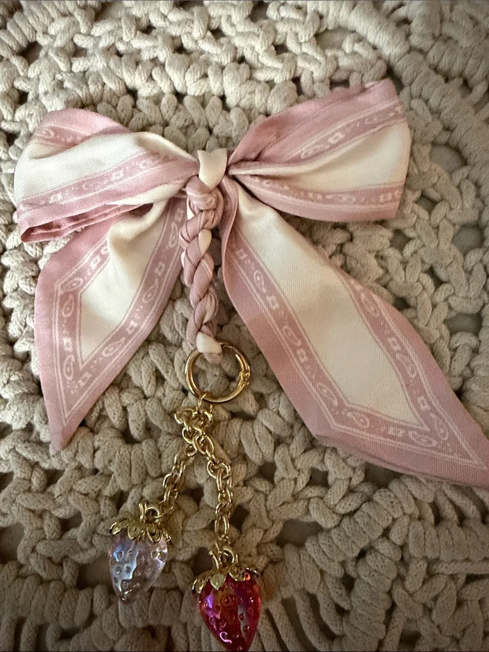 Pink and Cream Braided Bow Keychain with Strawberry Charms