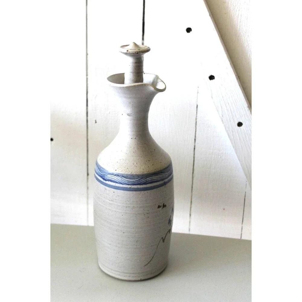 Art Pottery Stoneware Decanter Bottle w/ Stopper Blue Earth Tone Signed 11.5