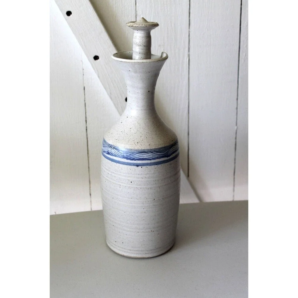 Art Pottery Stoneware Decanter Bottle w/ Stopper Blue Earth Tone Signed 11.5