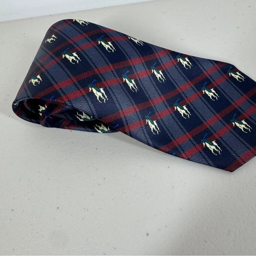 René Chagal Silk Polo Horse Tie Navy Plaid Equestrian Designer Necktie
