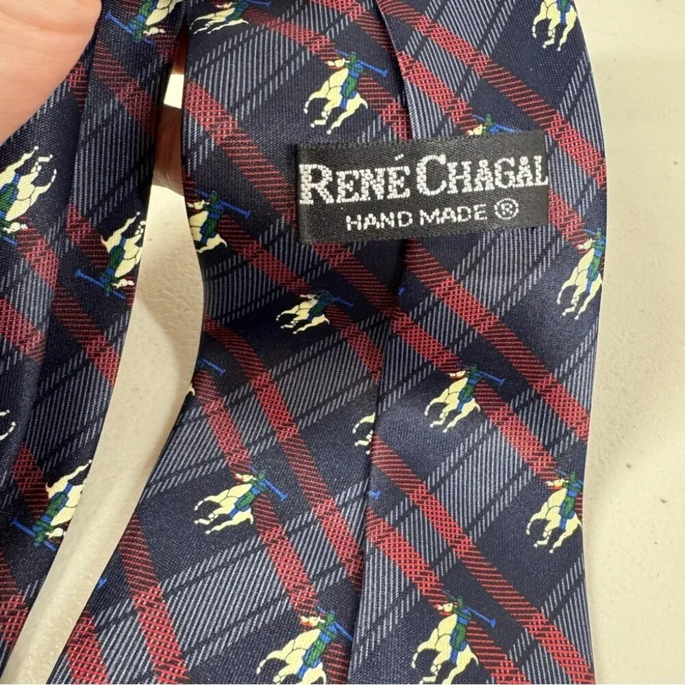 René Chagal Silk Polo Horse Tie Navy Plaid Equestrian Designer Necktie