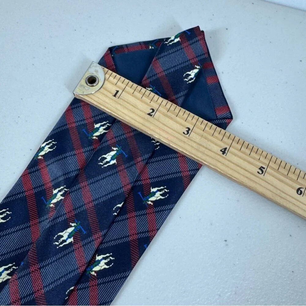 René Chagal Silk Polo Horse Tie Navy Plaid Equestrian Designer Necktie