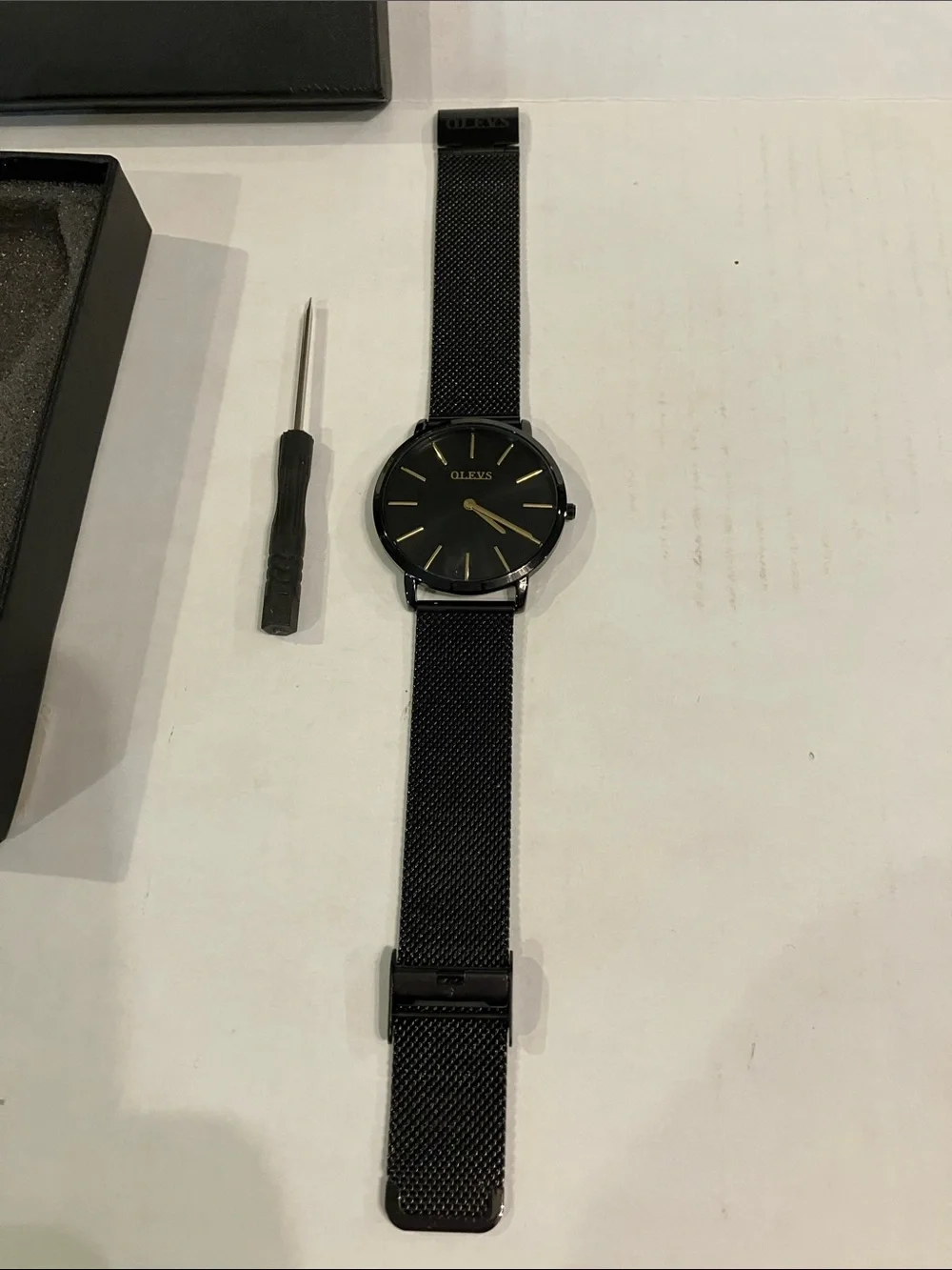 OLEVS  Men’s Analog Quartz Black Watch with gift box & screw driver.