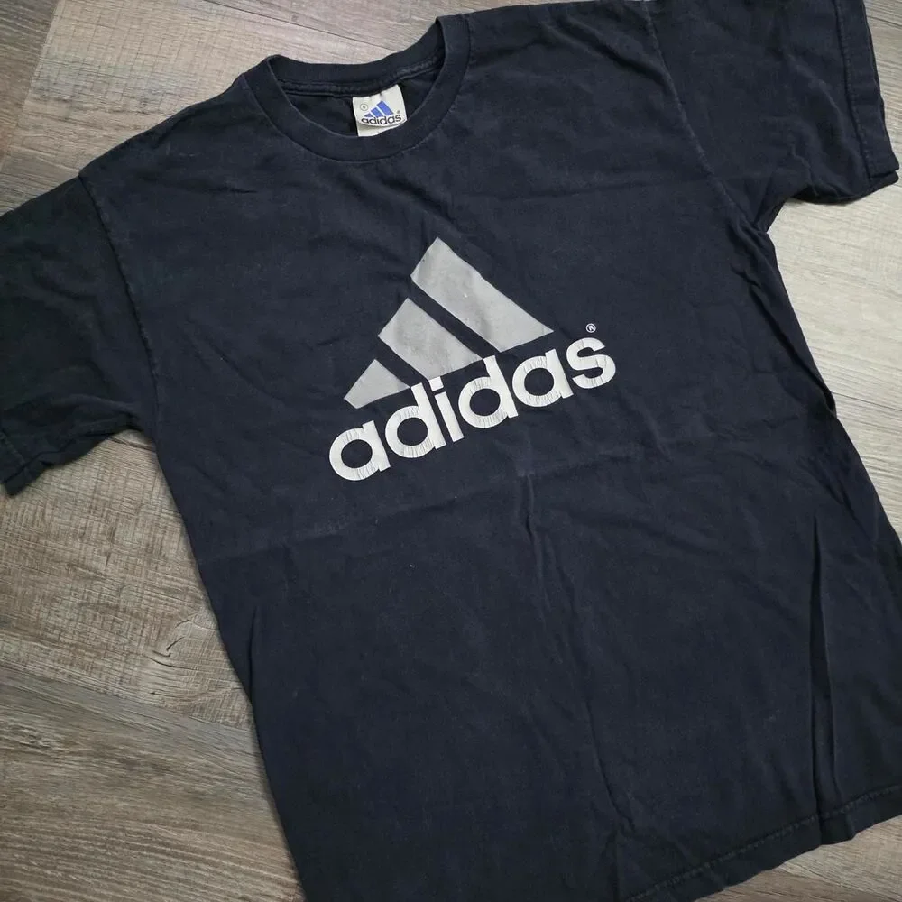 Vintage Adidas Graphic T-Shirt Black Size Small Y2K Sportswear Logo Tee Cotton
