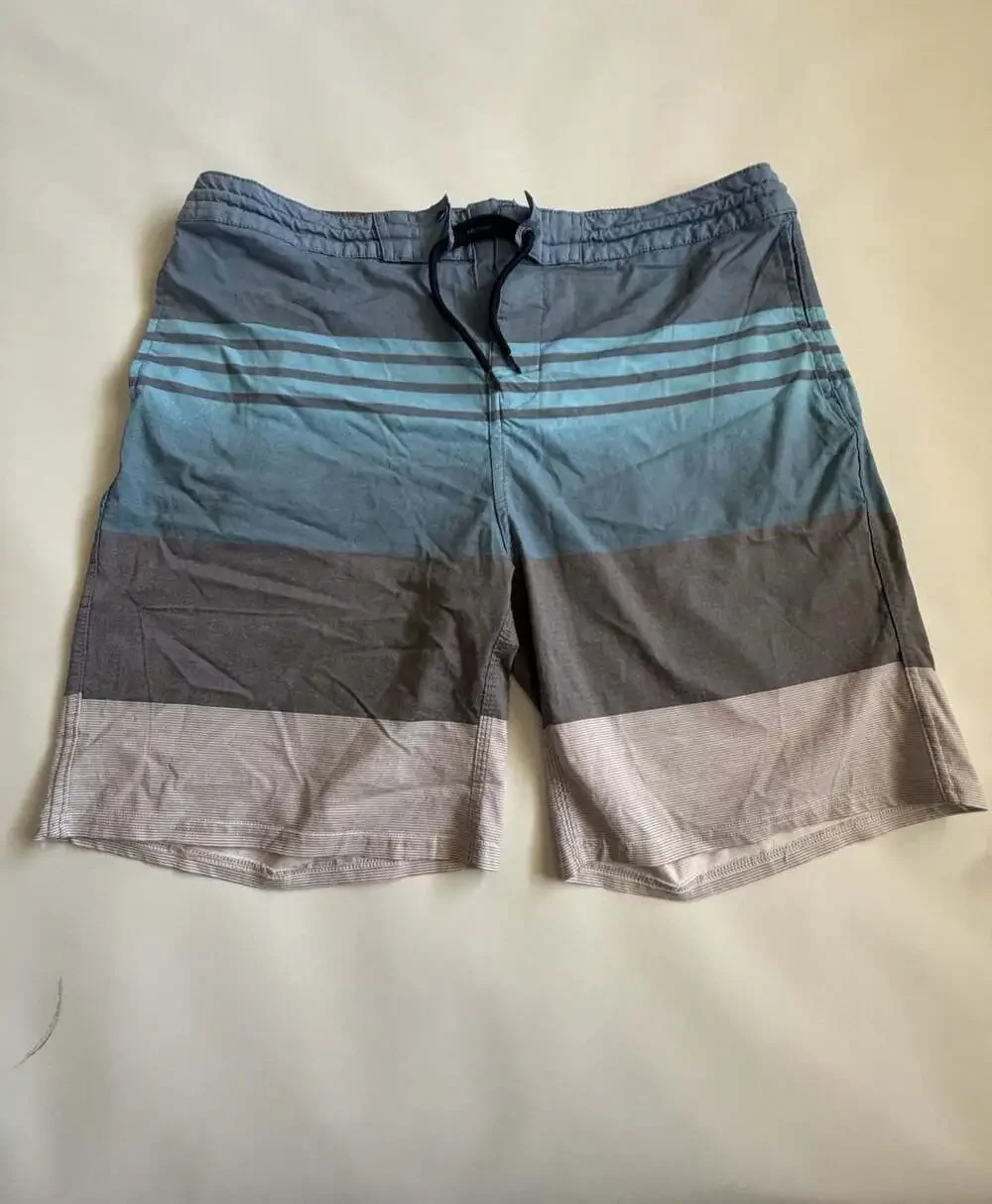 Mens Board Shorts 36 Blue Gray Color Block Striped Swim Trunks Surf Shorts