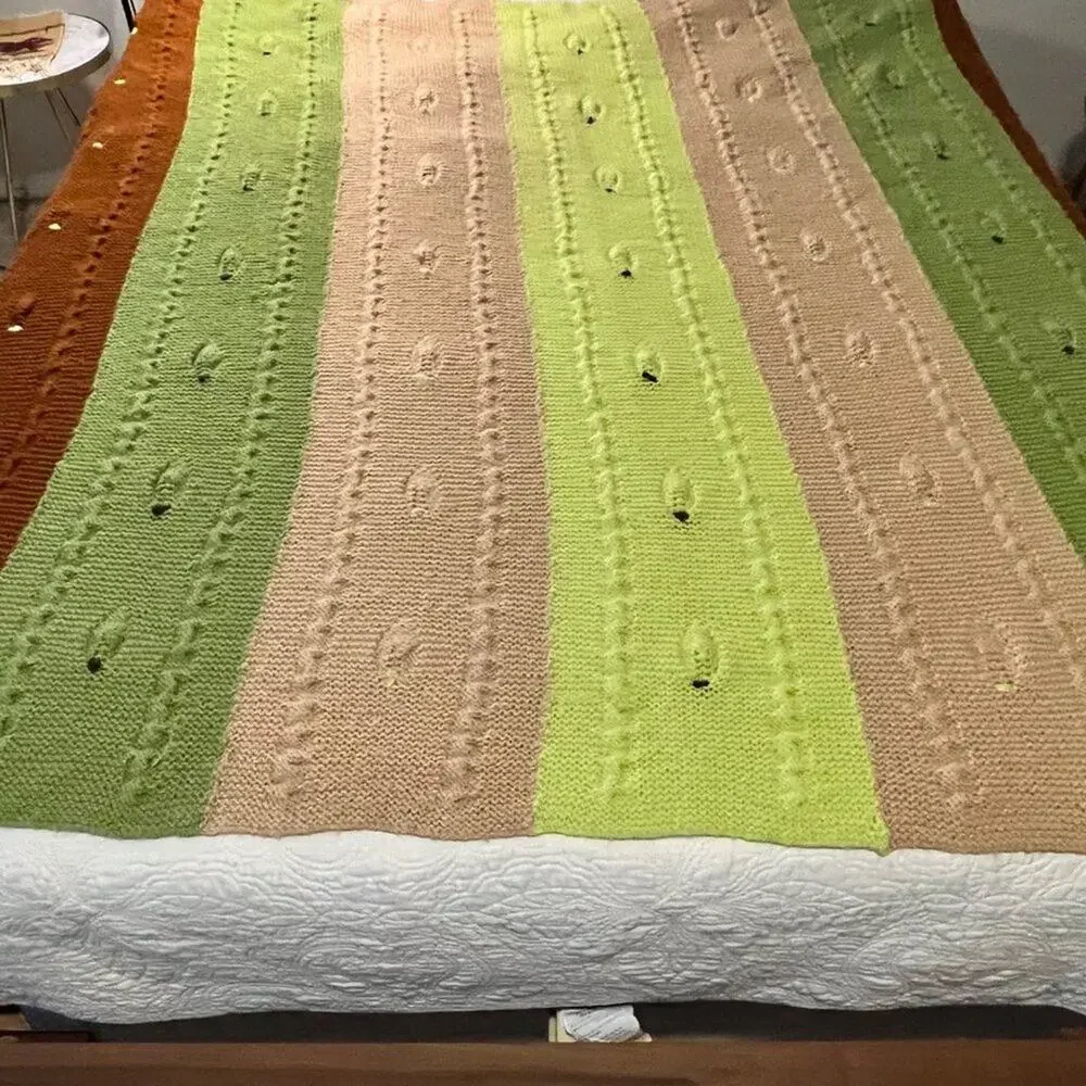 Vintage Blanket Bedspread Crochet Granny Cable Knit Multicolor Fall Cozy Hygge