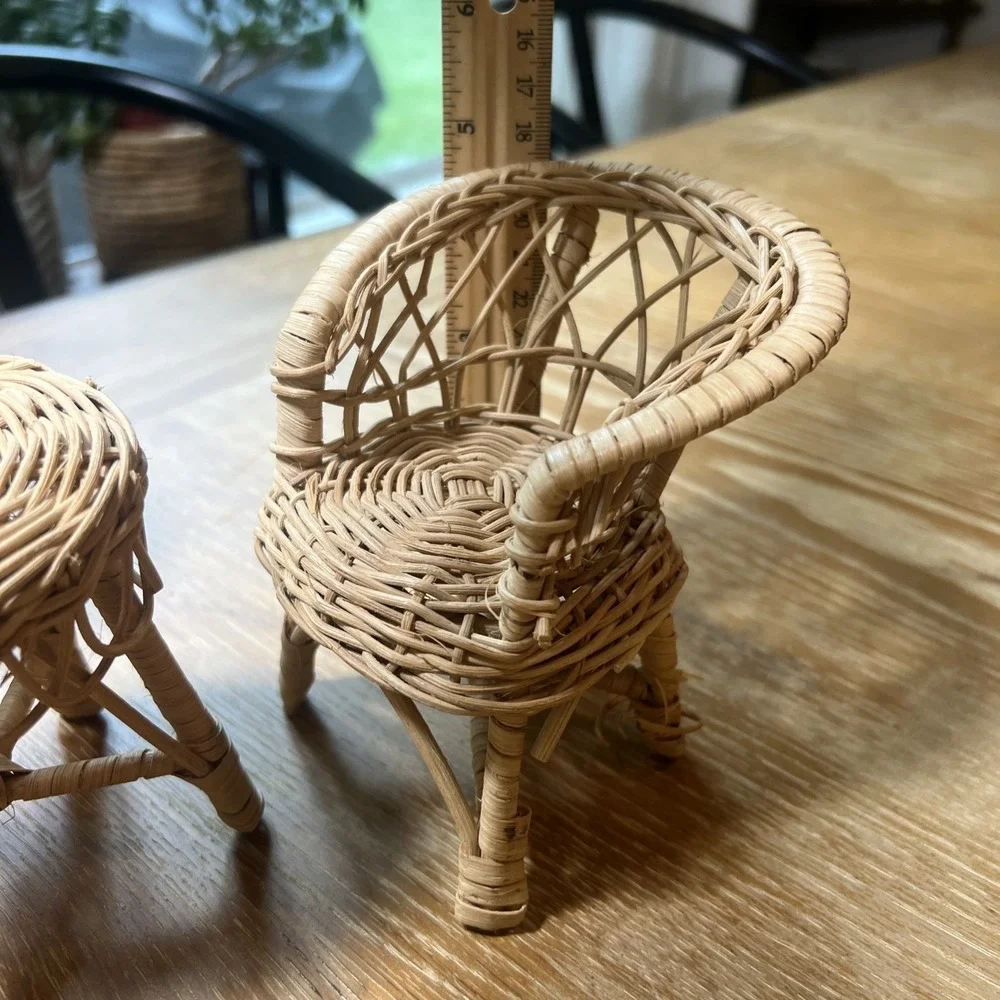 Vintage Set Wicker Rattan Patio Dollhouse Furniture: 2 Chairs & Table