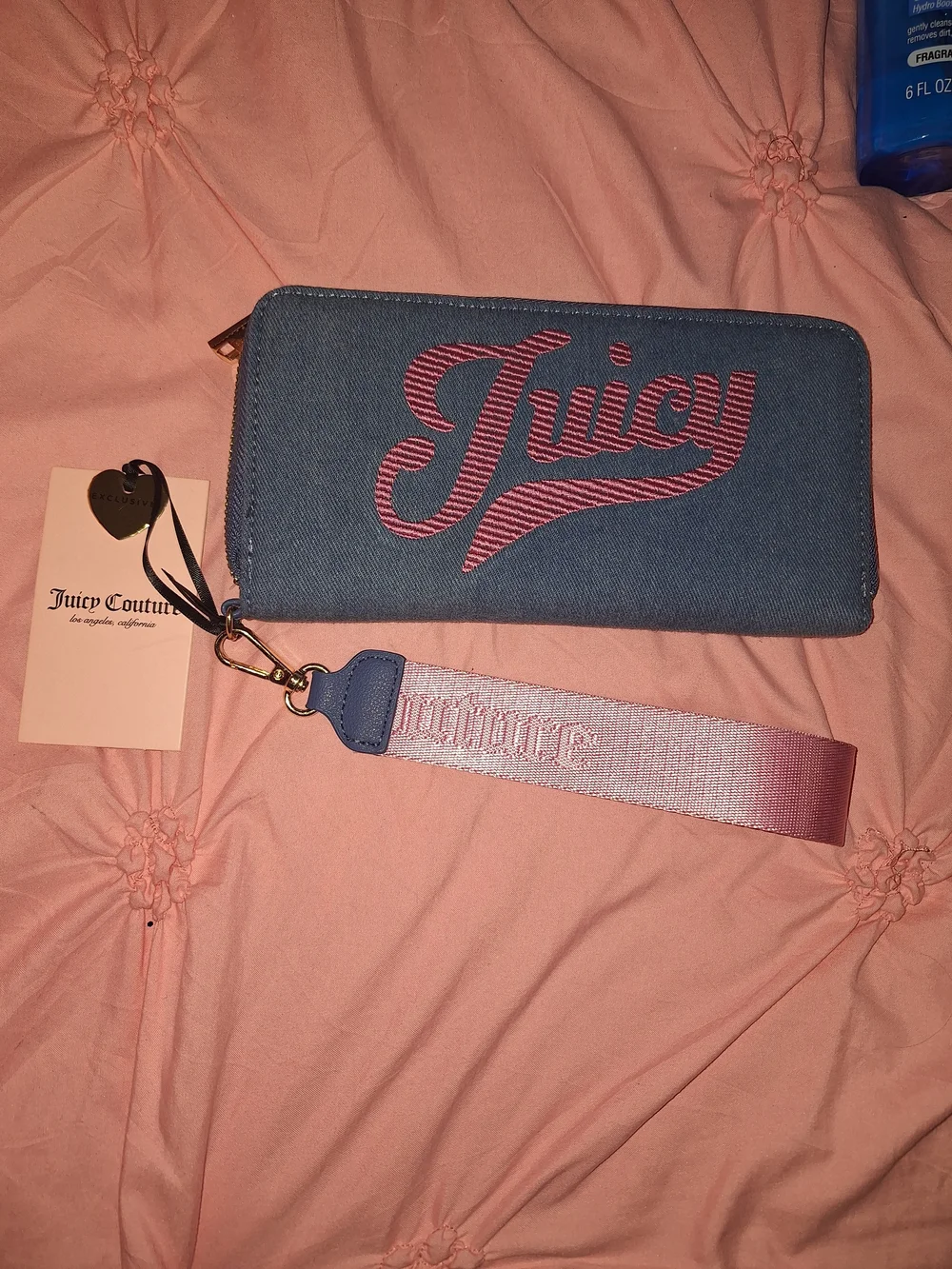 EXCLUSIVE Juicy Couture Blue Denim Zip Wallet with Pink Logo Strap