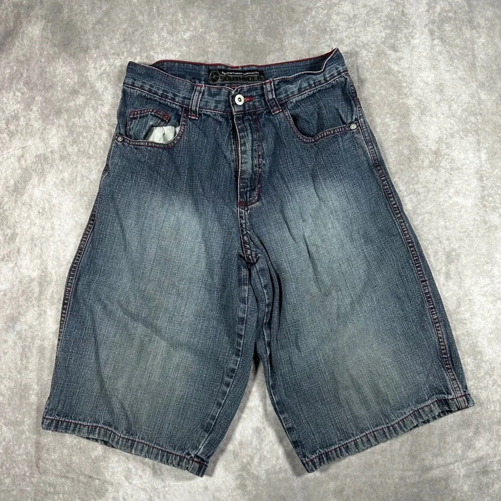 Southpole Mens Baggy Denim Shorts Blue Red Stitch Y2K Hip Hop Skater Jorts 30x14