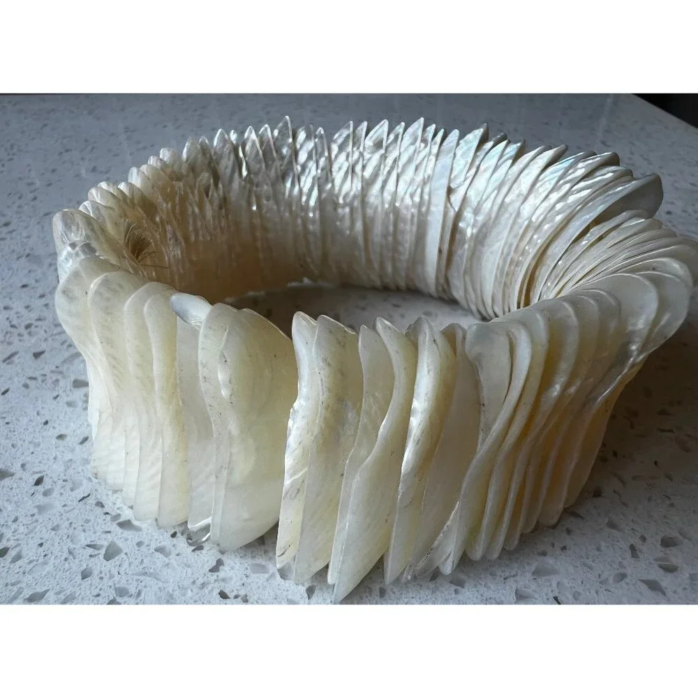 Vintage Caribbean Beach Sea Shell Stretch Off White Lustrous Cuff Bracelet