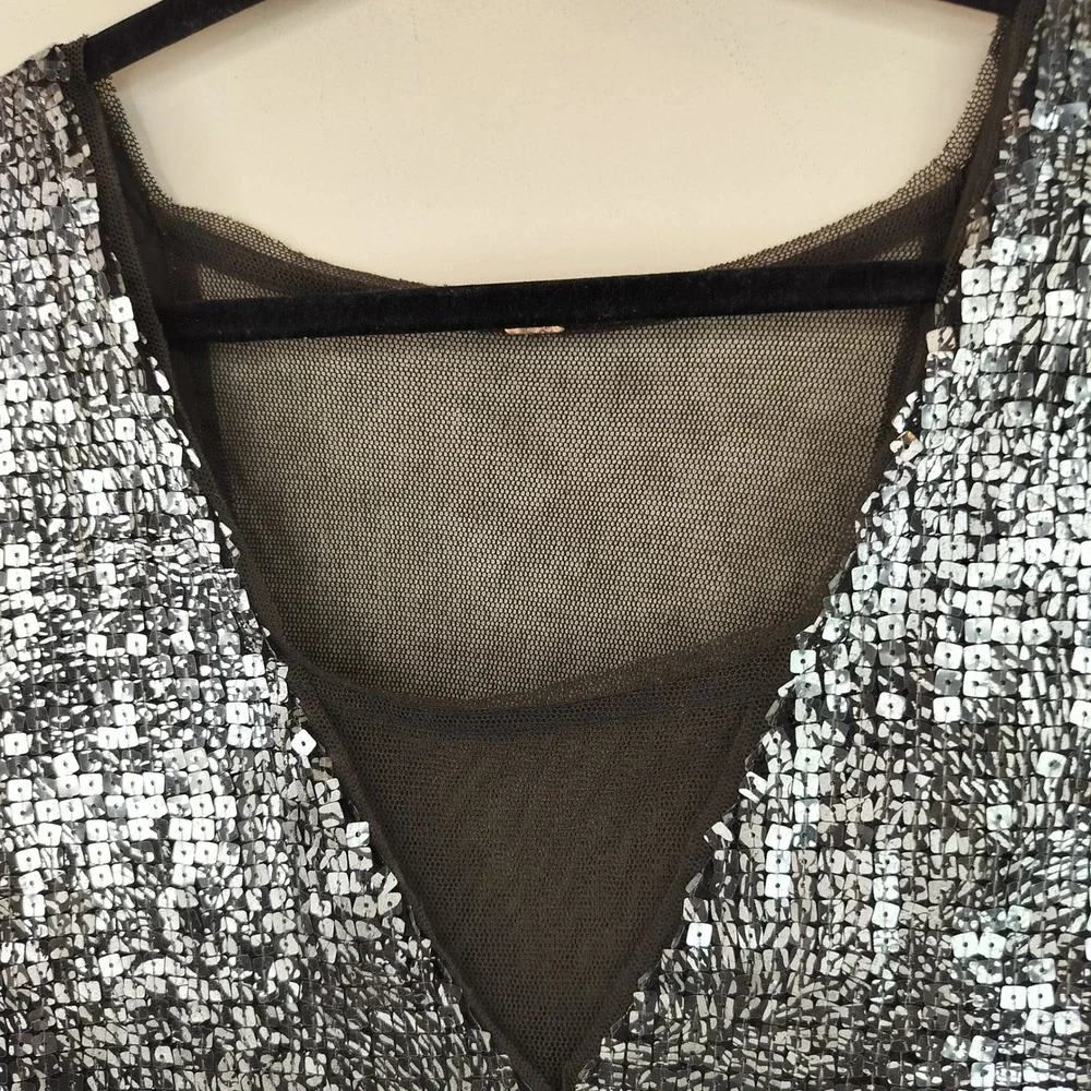Free People Sequin Mini Dress Womens Medium Sheer Mesh V-Neck Party Glam Silver