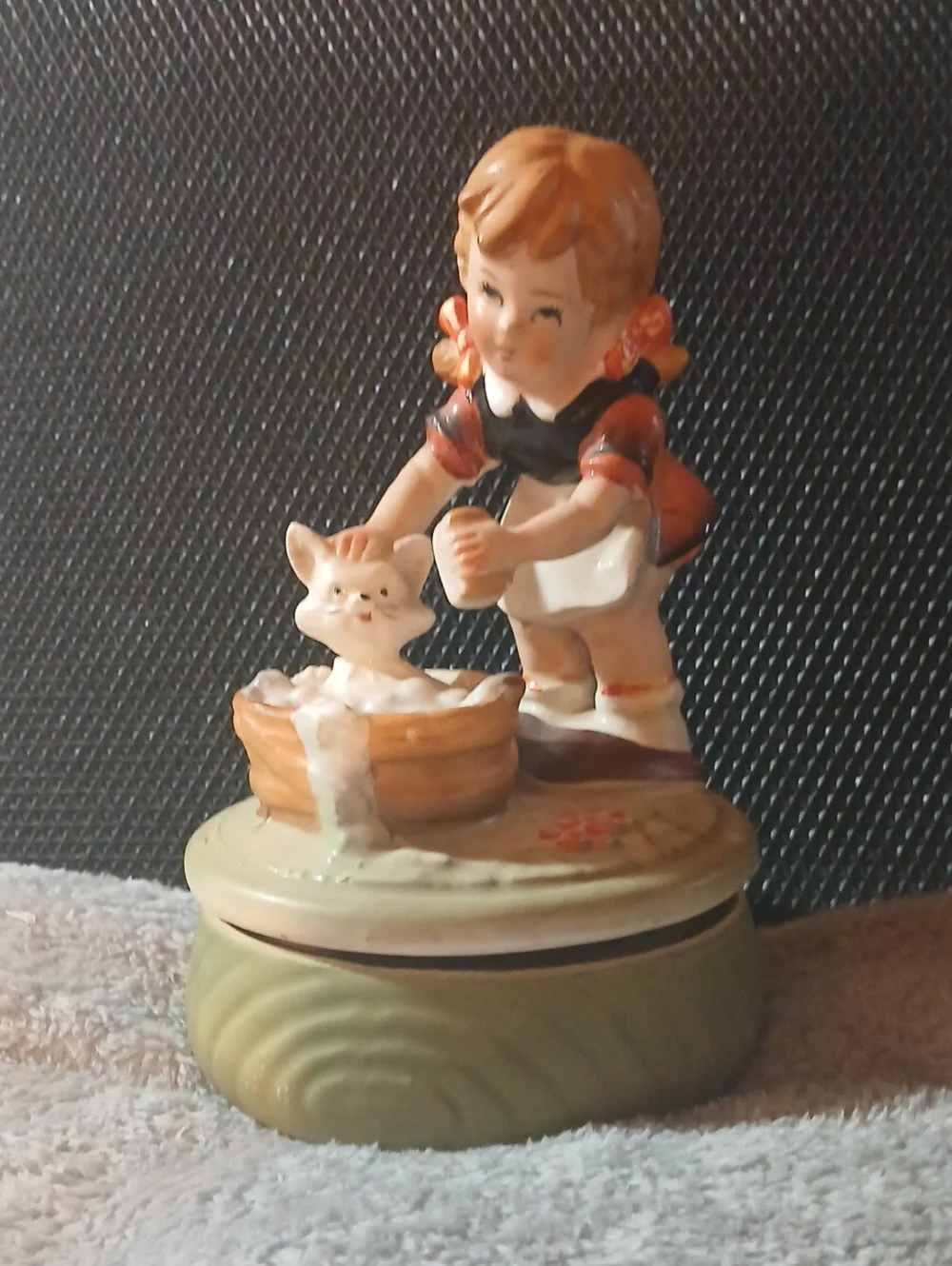 Vintage Girl Washing Kitten Figurine - Cream, Brown, Black
