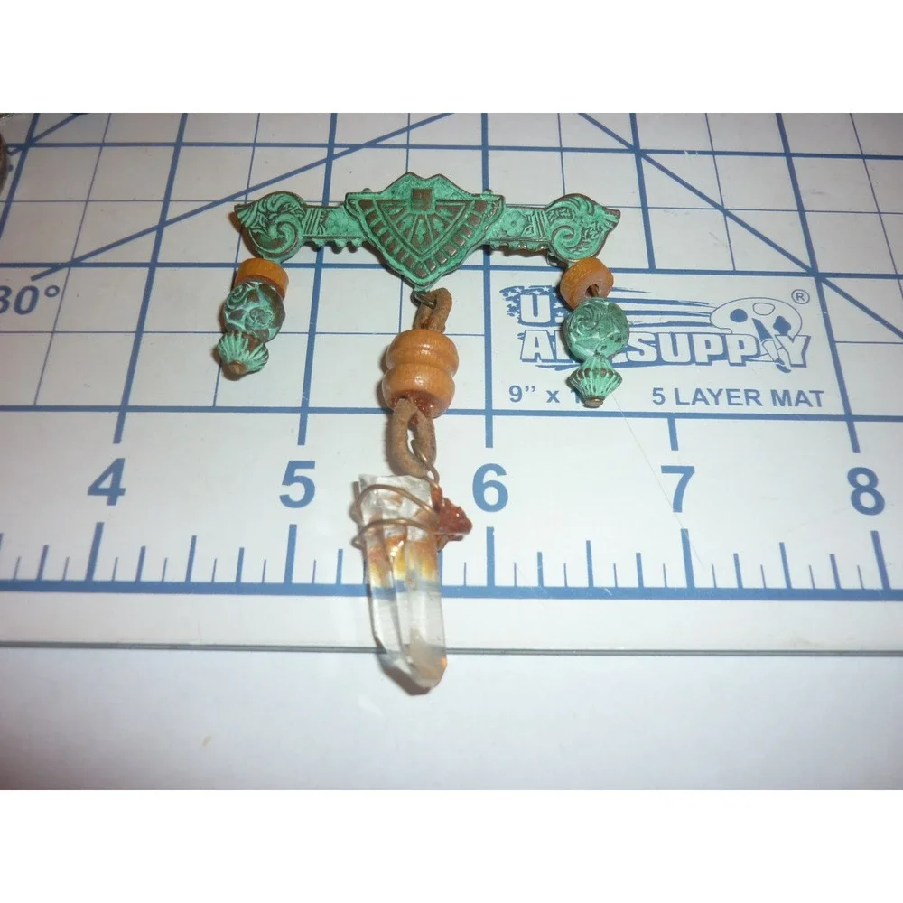 Vintage Southwestern Verdigris Brooch Pin Wire Wrapped Quartz Crystal Point