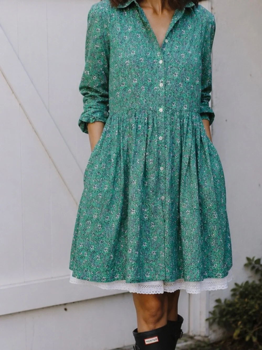 J. Crew Green Floral Long-Sleeve Button Dress with Lace
