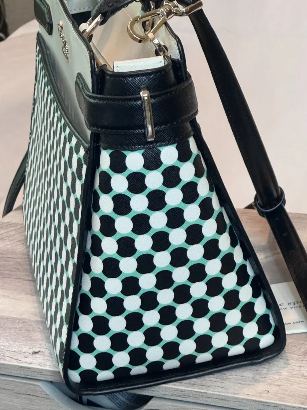 Kate Spade Black White Geometric Dot Satchel Crossbody Bag Leather Trim
