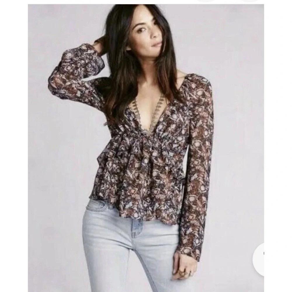 Free People NWOT Uptown Bell Sleeve Tiered Vneck Sheer Black Floral Blouse  S