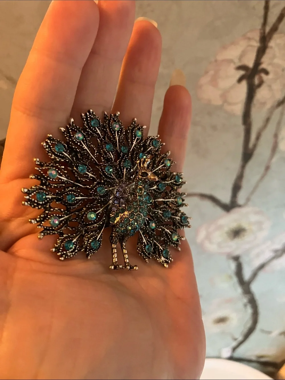 NEW Peacock Brooch, Silver and Teal Rhinestones