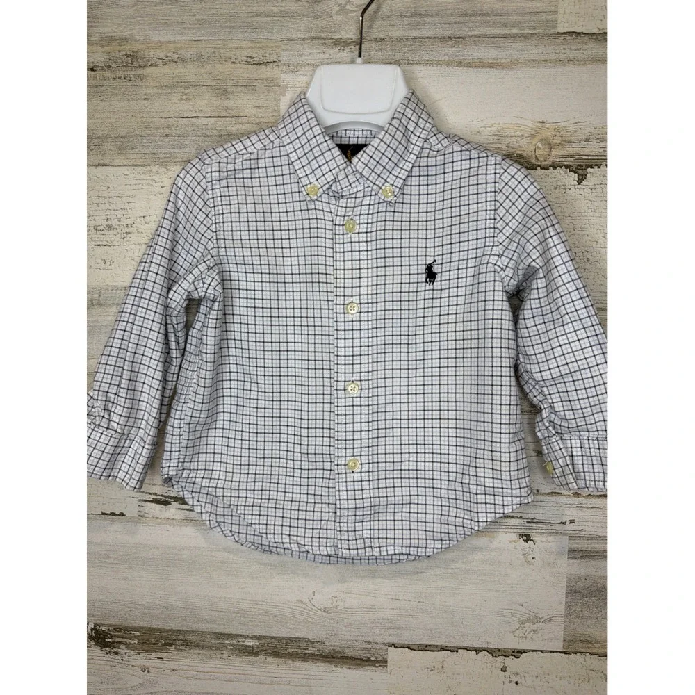 Ralph Lauren Button Up Shirt Boys 18M White Blue Plaid Cotton Preppy EUC