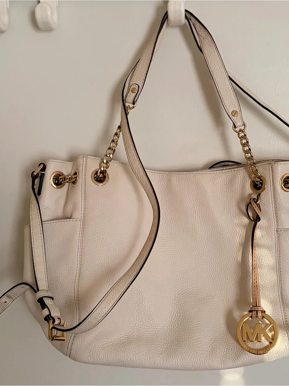Michael Kors Ivory Pebbled Leather Shoulder Tote with Gold Hardware
