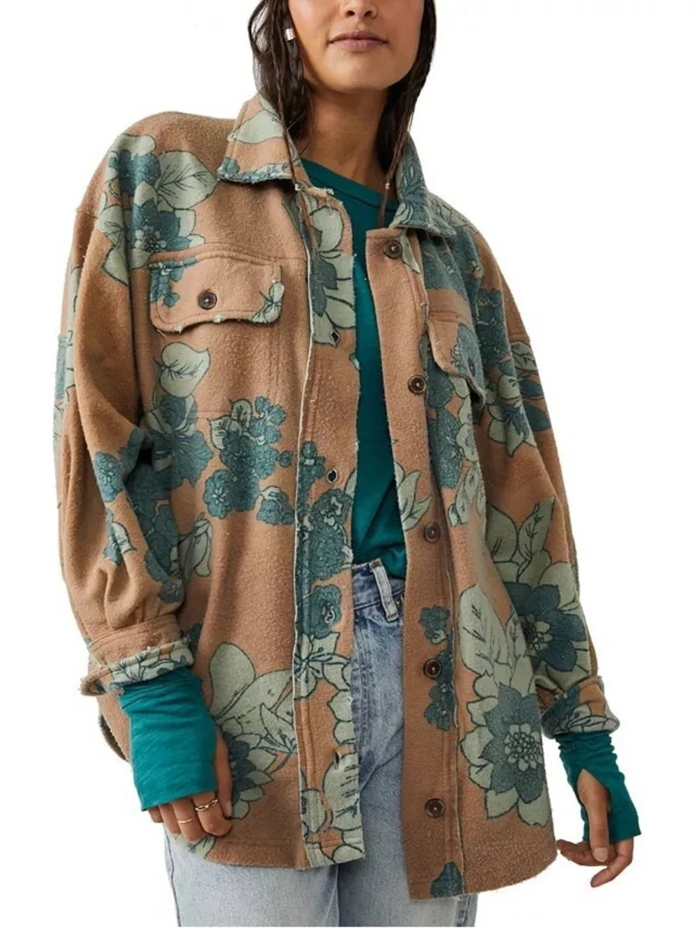 Free People Floral Teddy Shacket - Tan & Teal