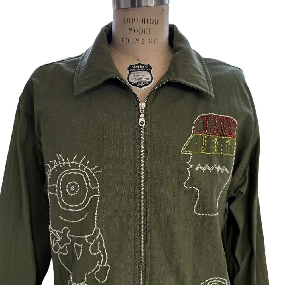 Brain Dead x Minions Jacket Mens Size L Green Embellished Beaded Full Zip