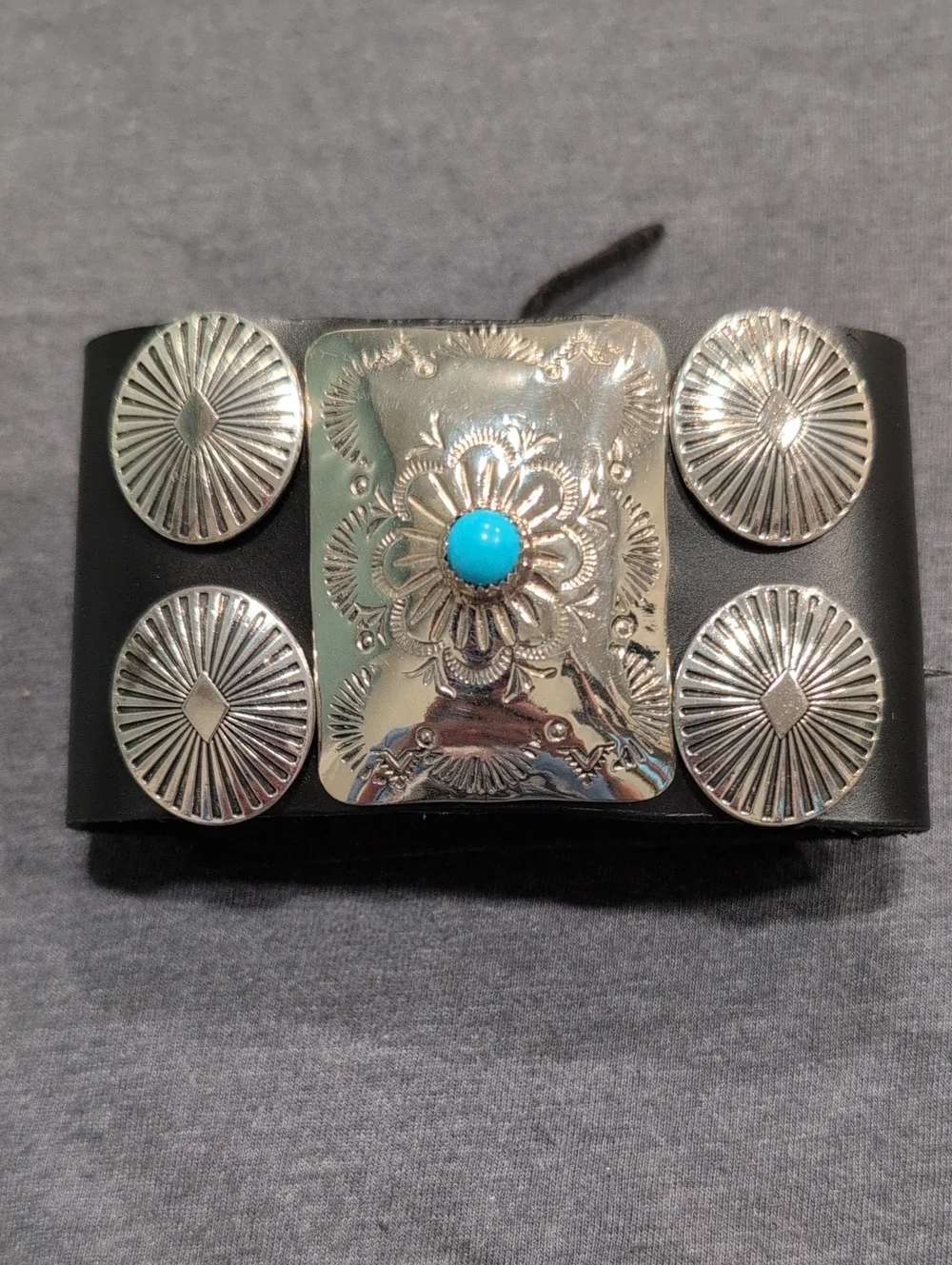 Turquoise Accent Nickel Silver Concho Black Leather Bracelet