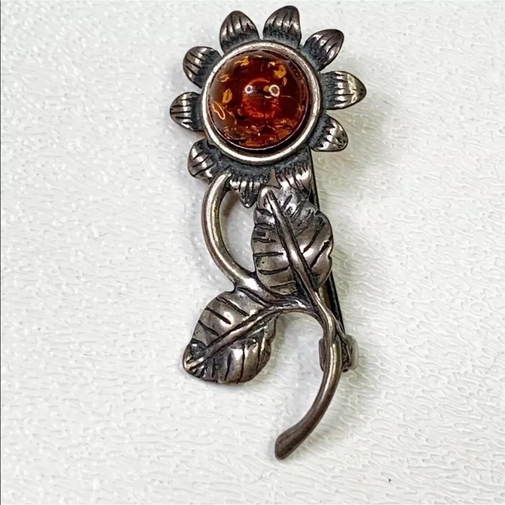 Amber Sterling Silver flower brooch Baltic Floral