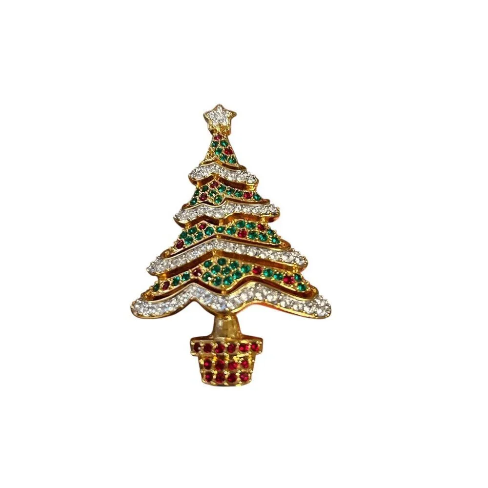 Swarovski 2000 Christmas Tree Pin Brooch Signed Jewel Tone Crystals Retired