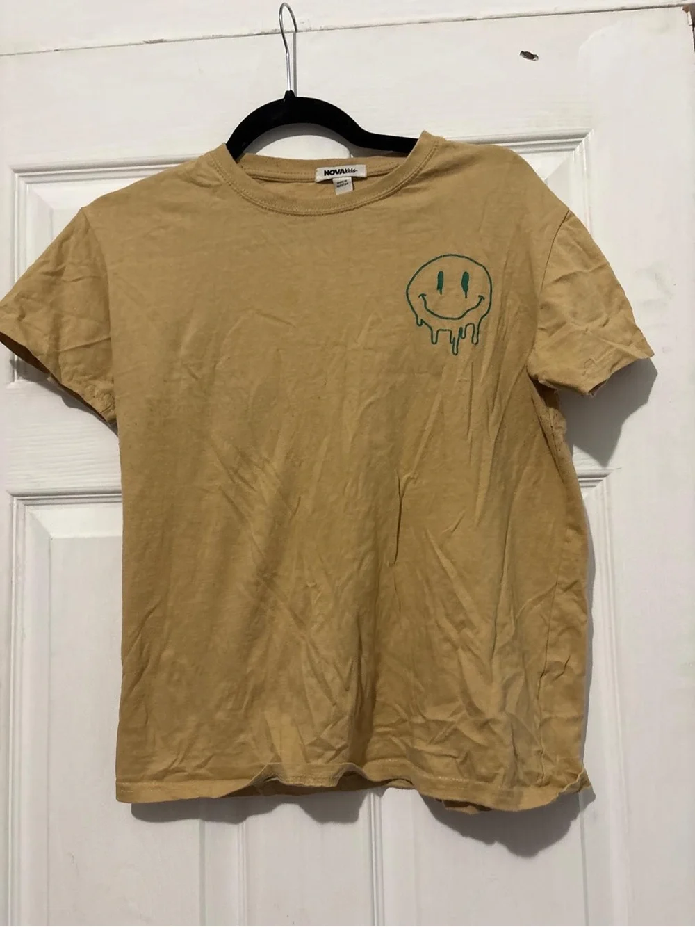 Fashion Nova Tan Tee with Green Drip Smile Graphic