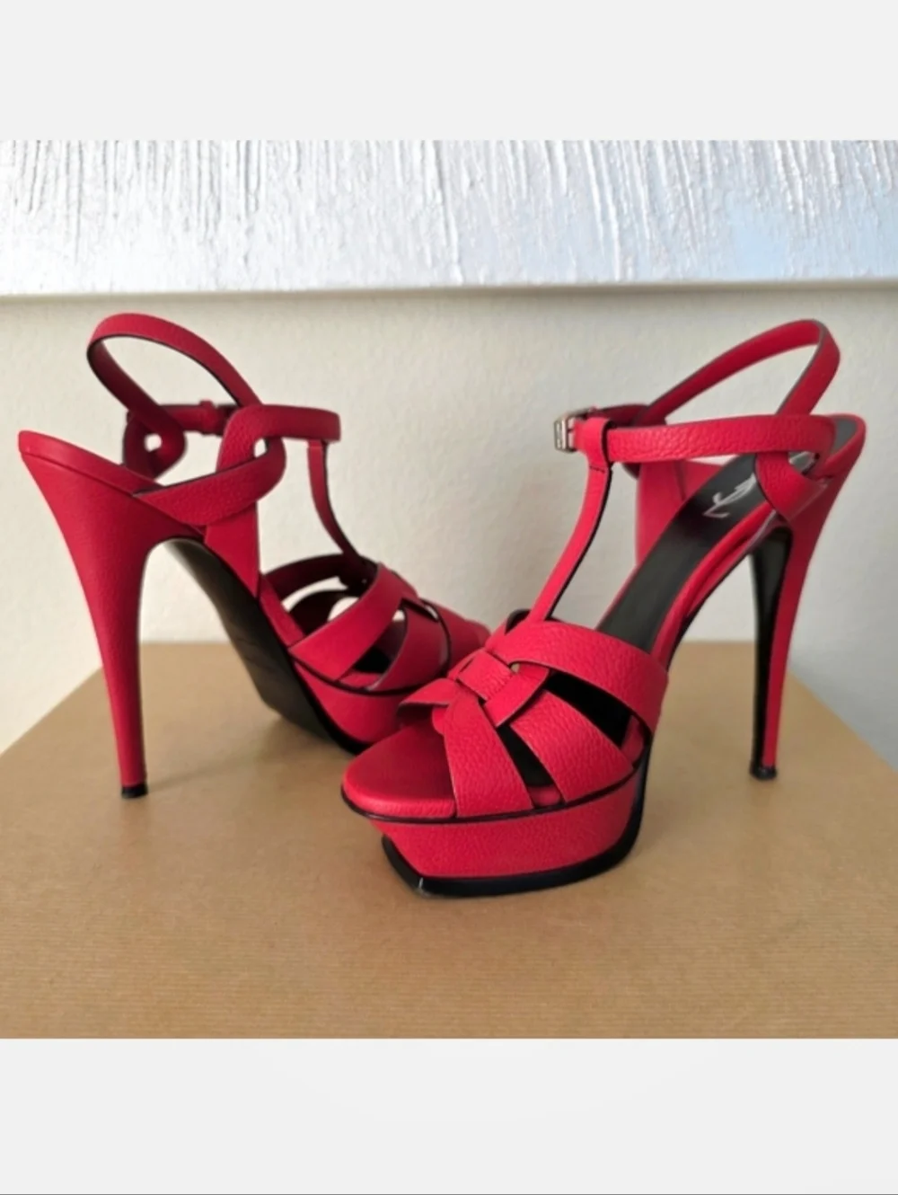 YSL Yves Saint Laurent Red Leather Strappy Ankle Strap High Heels EU38 / US8