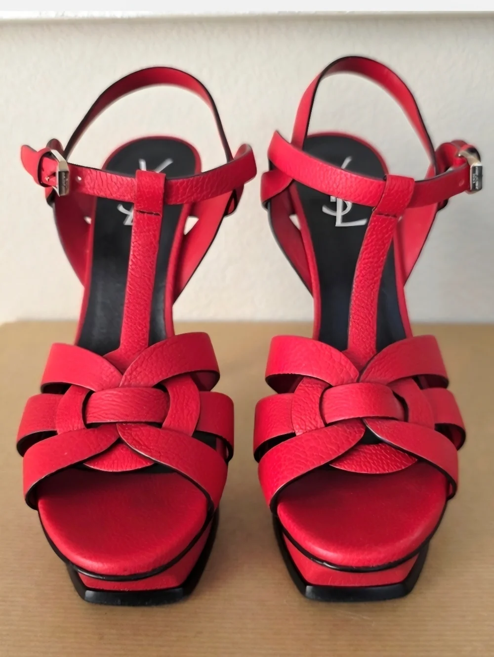 YSL Yves Saint Laurent Red Leather Strappy Ankle Strap High Heels EU38 / US8