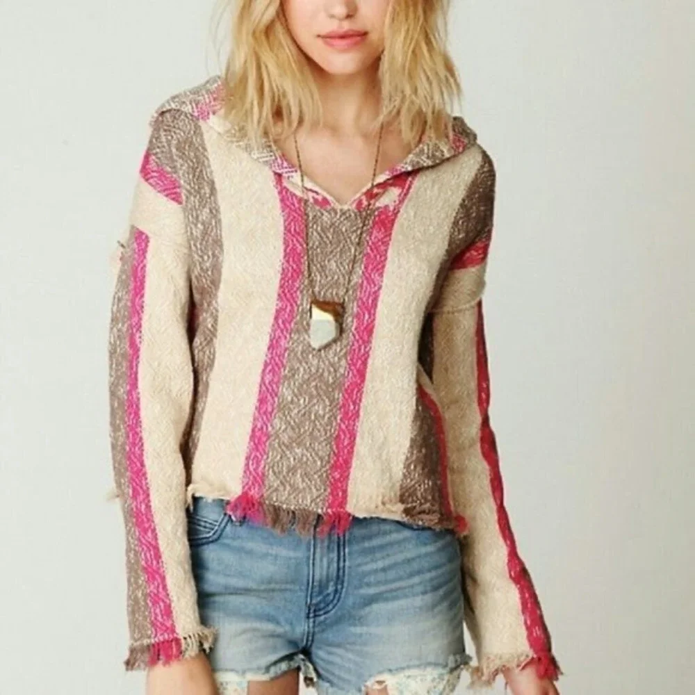 Free People Baja Hoodie Pink Tan Striped Fringed Cropped Pullover Woven‎ Sz S