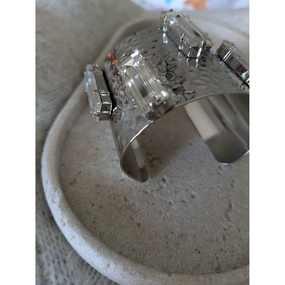 Hammered Silver Tone Cuff Bracelet With Rectangle Rhinestones Chunky Wide Glam