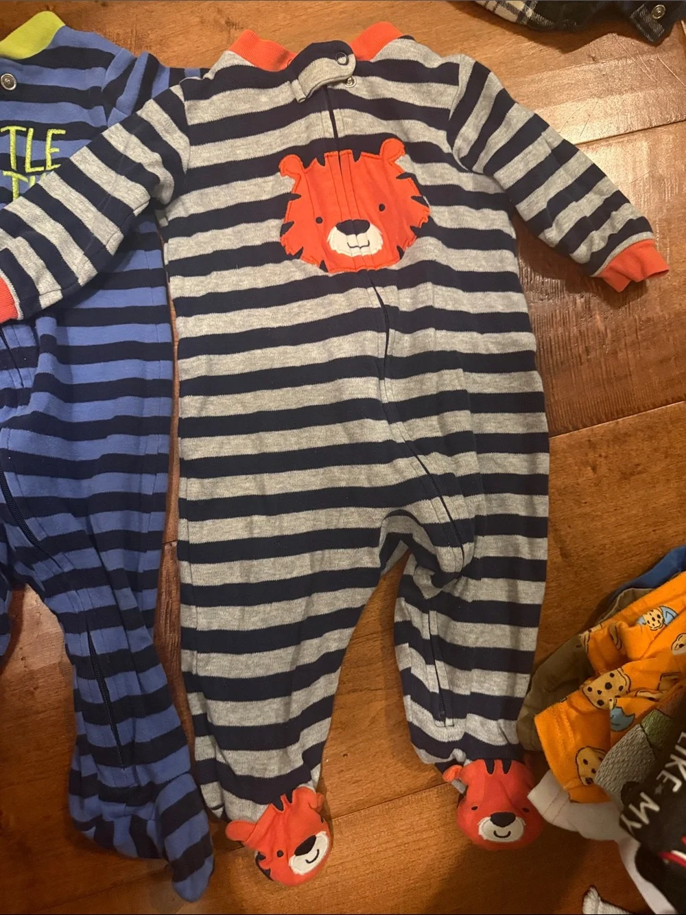 Set of 2 Carter's Blue & Gray Striped Footies with Lion and 'Little Brother'