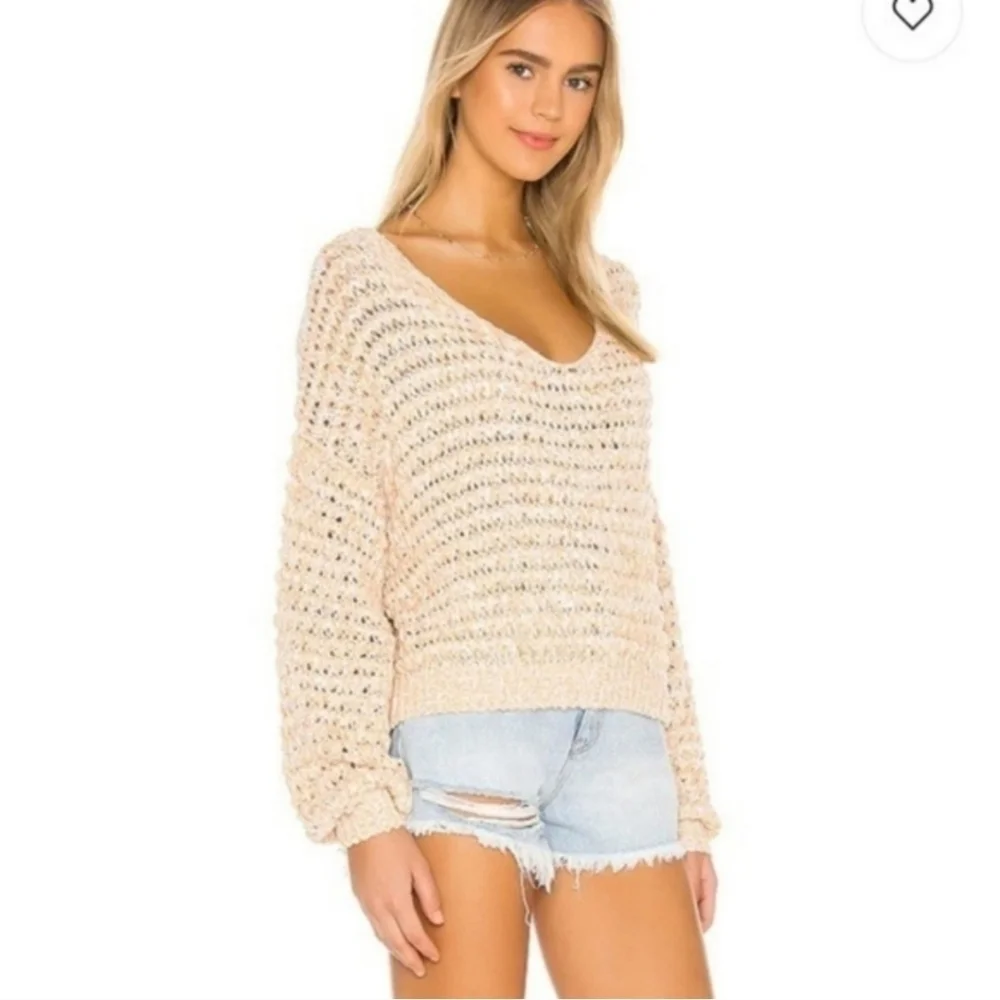 Free People Coconut Loose Weave Sandy Combo Knit Pullover Off Shoulder Shredded