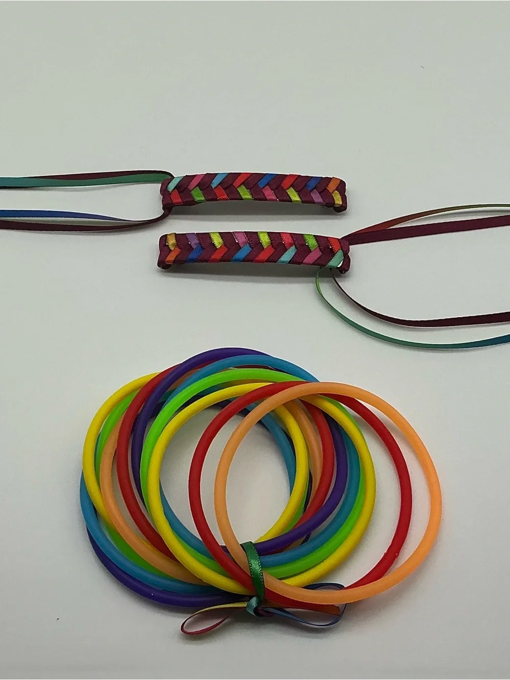 Dark Red and Rainbow 80s Barrettes & 12 Rainbow Jelly Bracelets