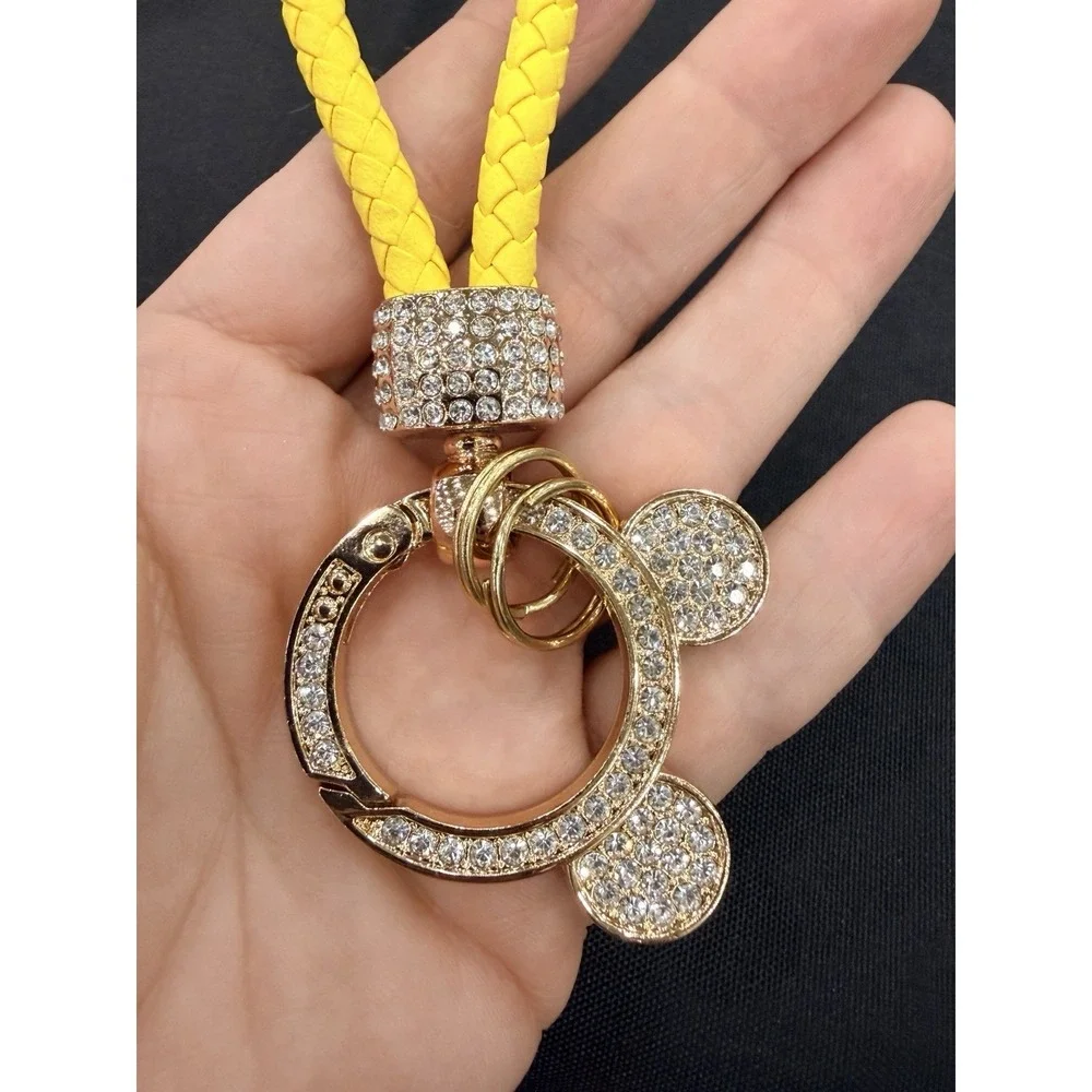 Leather Braided Rope Keychain Pendant Key Car Holder Keyring Mickey Ears Yellow