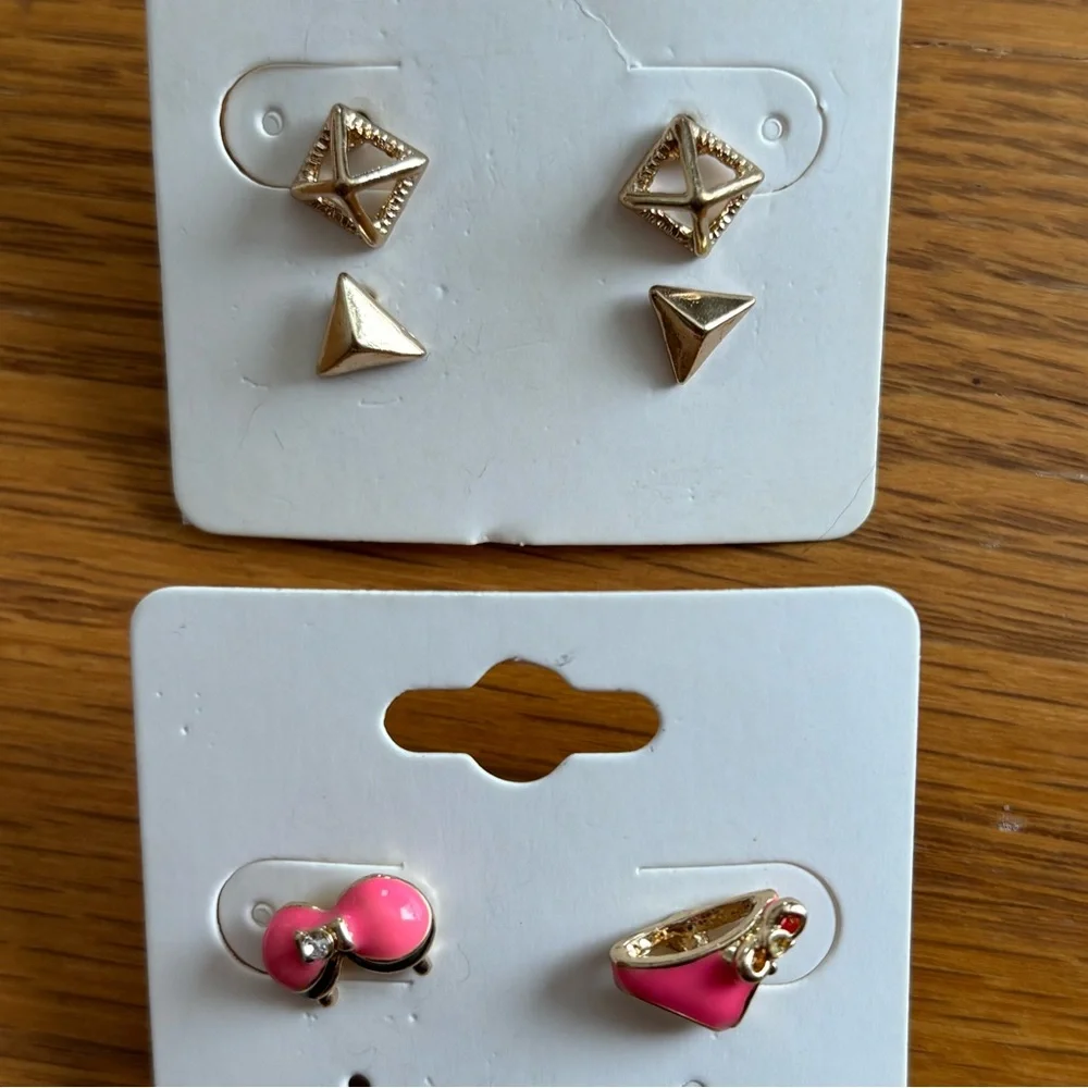 Funky Pink Bikini & Gold-Toned Geometric Stud Earrings Set